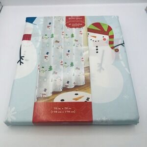 St. Nicholas Square Snow Fun Shower Curtain Light Blue Snowman Holiday 70x70 NEW